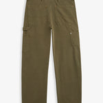 A back view of The Carpenter Pant in olive green, laid flat on a white background. The image highlights the back pockets, the hammer loop, and the copper-toned rivets. | c'est normal