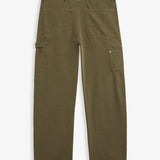 A back view of The Carpenter Pant in olive green, laid flat on a white background. The image highlights the back pockets, the hammer loop, and the copper-toned rivets. | c'est normal