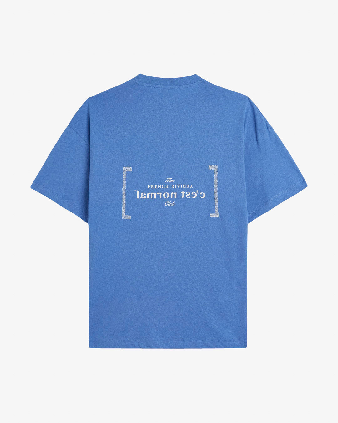 Le Linen T-Shirt in azure — back view showing the white C'est normal French Riviera Club logo