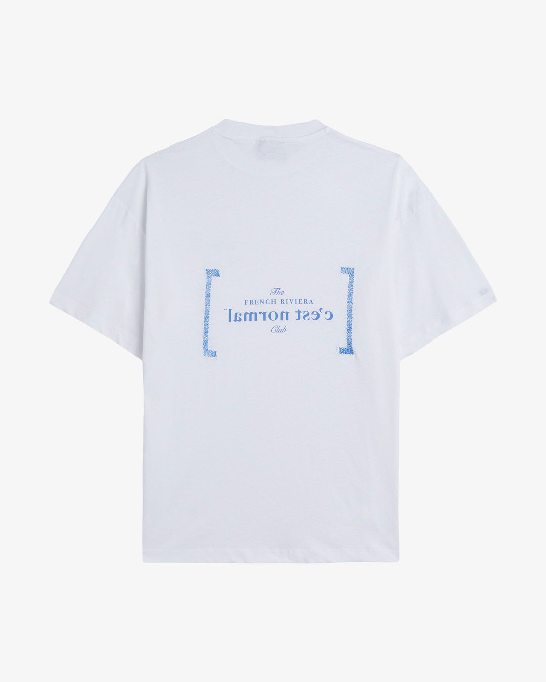 Le Linen T-Shirt in white — back view with blue C'est normal French Riviera Club graphic