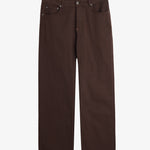 A front view of The 5 Pocket Pants in brown, laid flat on a white background. The image highlights the five-pocket design, zip fly, top button, and touches of orange accent stitching.