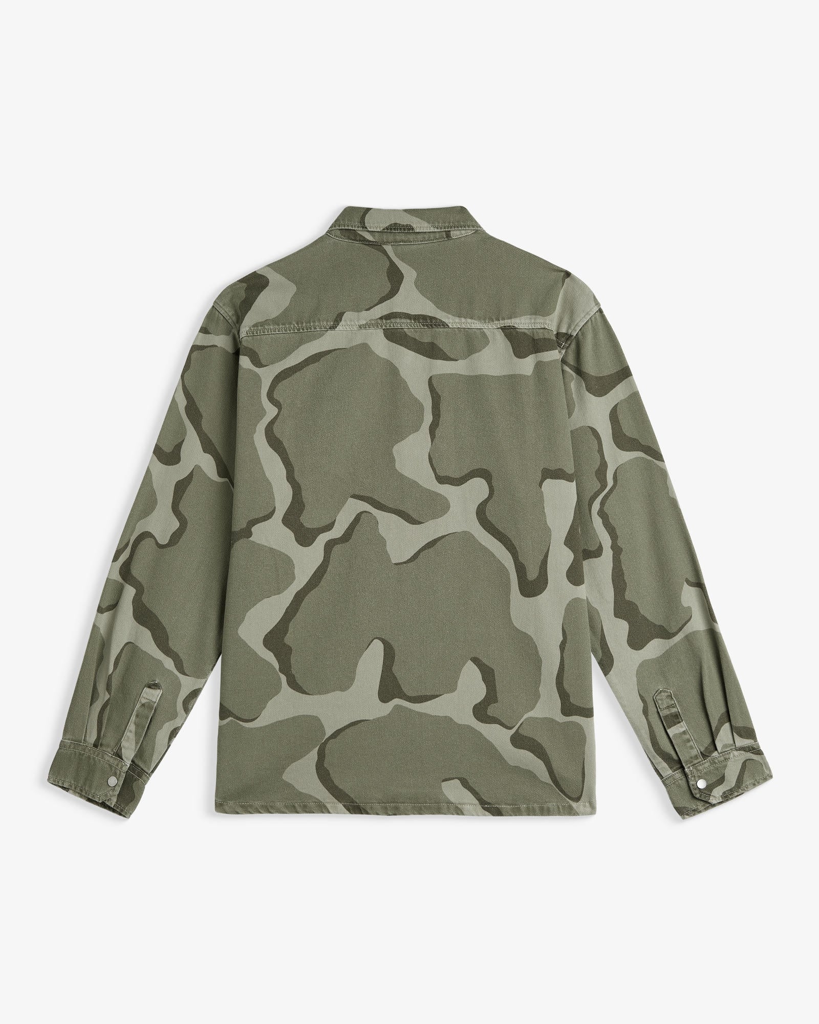 The Bilbao Overshirt in camo — back view against a white background