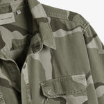 The Bilbao Overshirt in camo — close-up of the collar and chest pocket