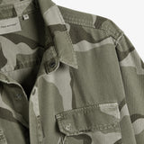 The Bilbao Overshirt in camo — close-up of the collar and chest pocket