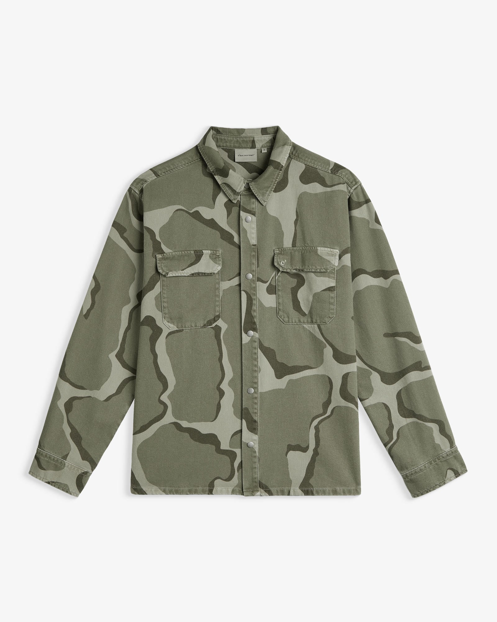The Bilbao Overshirt in camo — front view against a white background