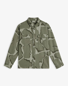 The Bilbao Overshirt in camo — front view against a white background