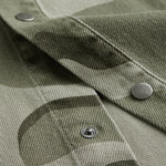 The Bilbao Overshirt in camo — close-up of the metal snap buttons and twill texture