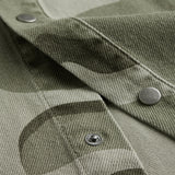The Bilbao Overshirt in camo — close-up of the metal snap buttons and twill texture