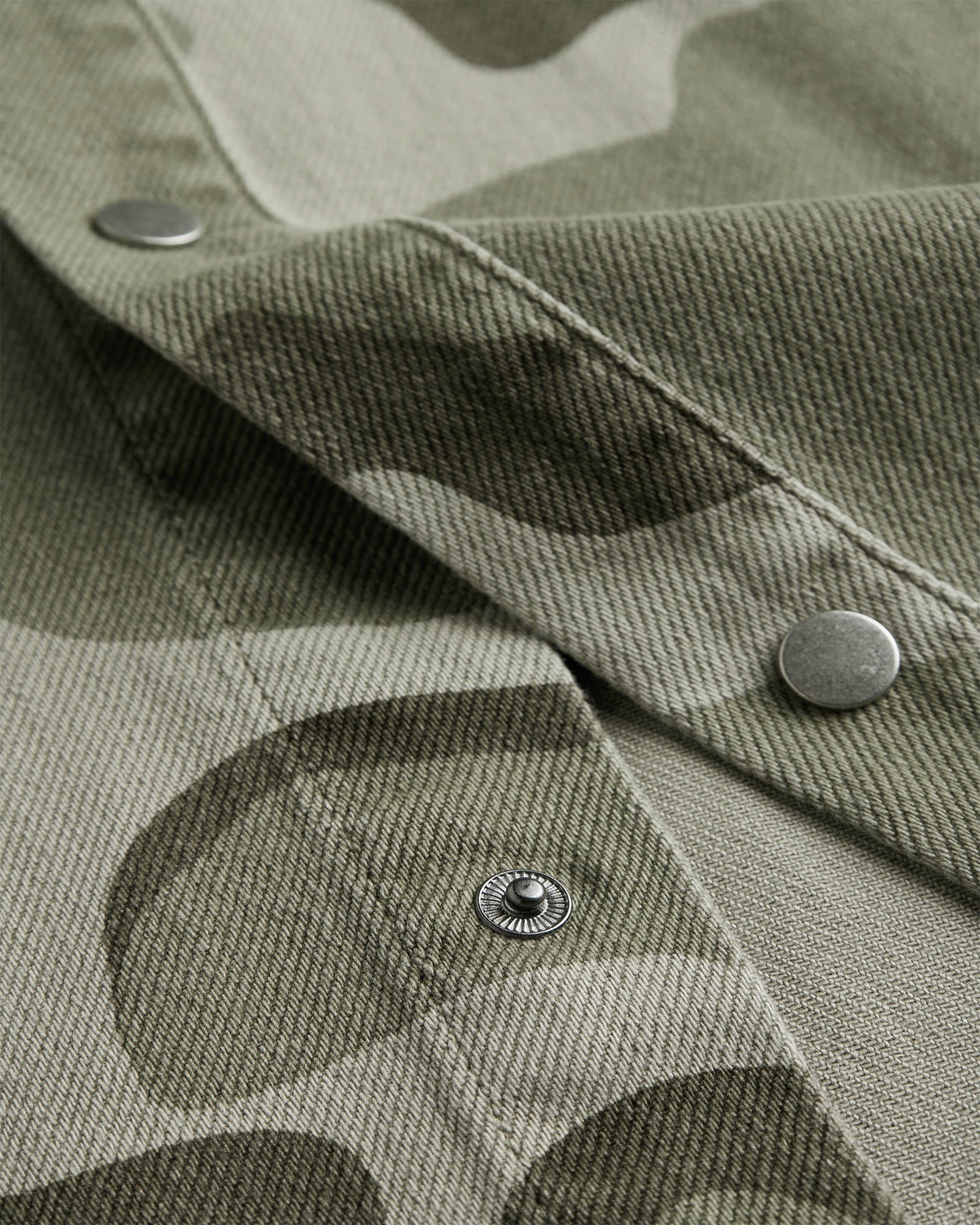 The Bilbao Overshirt in camo — close-up of the metal snap buttons and twill texture