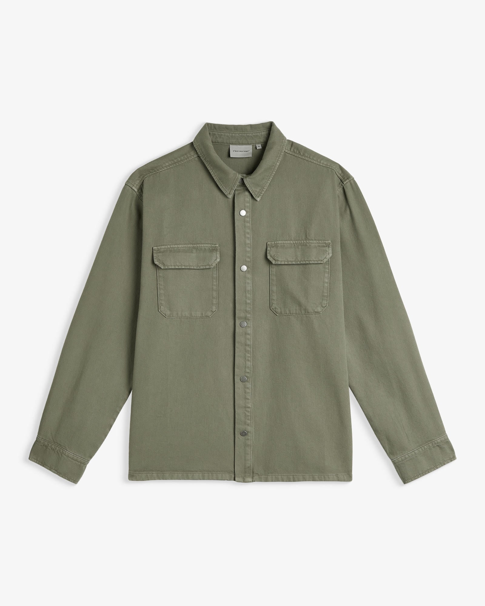 The Bilbao Overshirt in olive — front view showing chest pockets and button closure