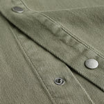 The Bilbao Overshirt in olive — close-up of the textured fabric and snap buttons