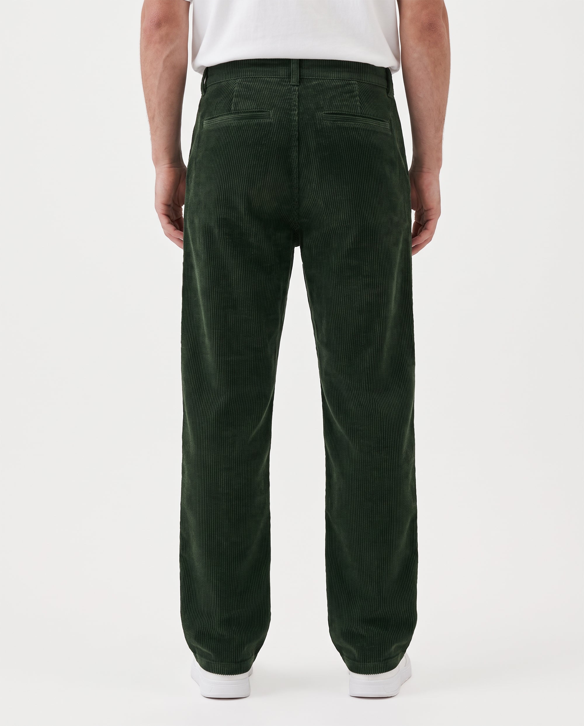 The Daily Cord Chino in forest green — back view showing buttoned rear pockets