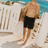 The Board Shorts in black — worn by a man holding a beach towel by the ocean
