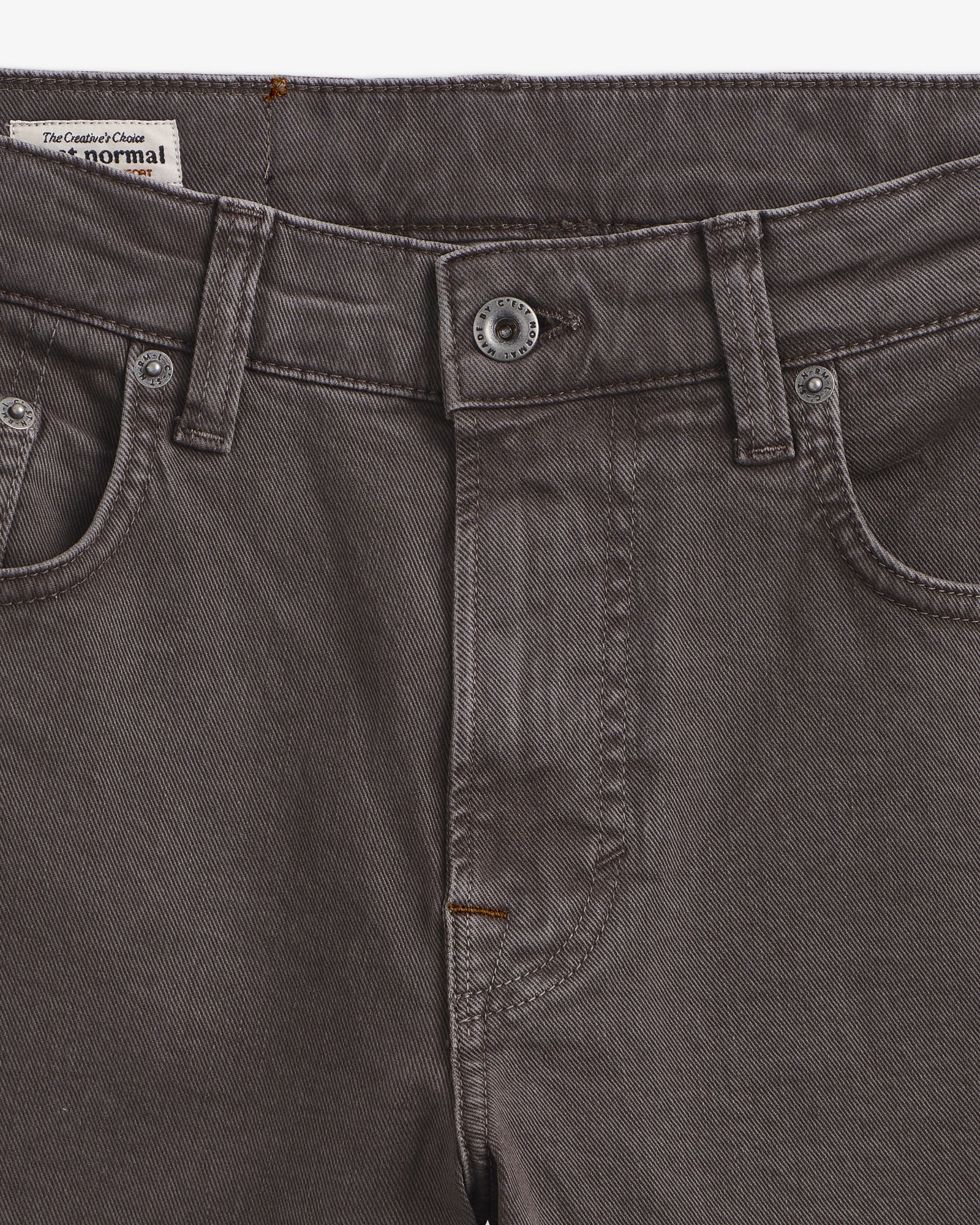 Motion 5 Pocket Classic Straight Pant in dark mole — close-up of the waistband and zip fly