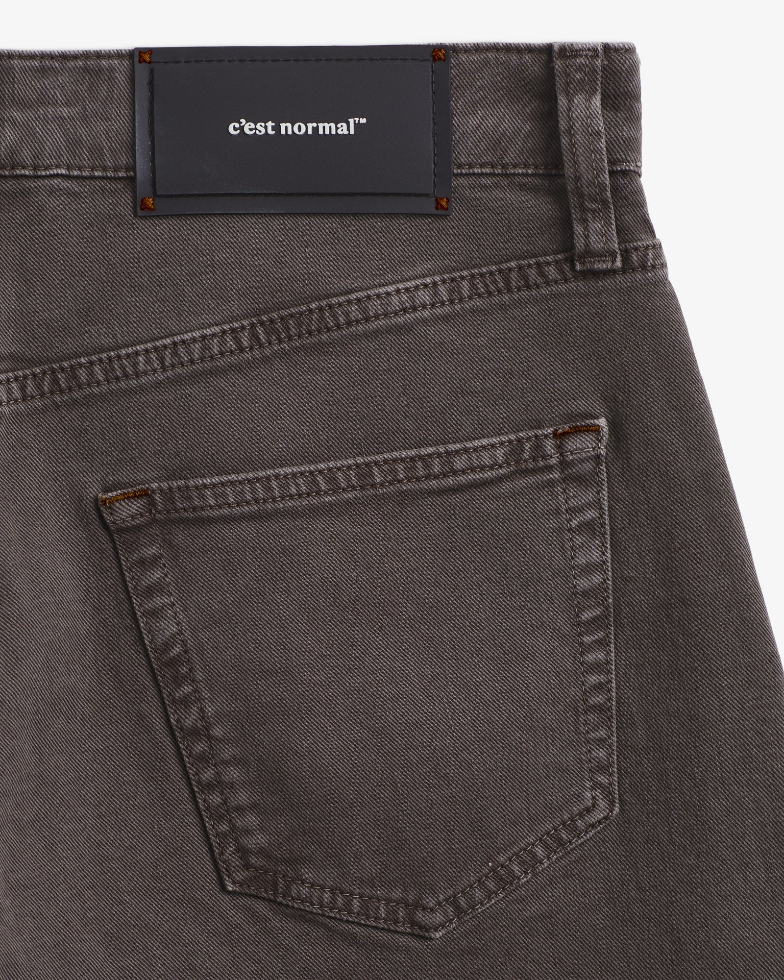 Motion 5 Pocket Classic Straight Pant in dark mole — close-up of the back waist with a rubber patch