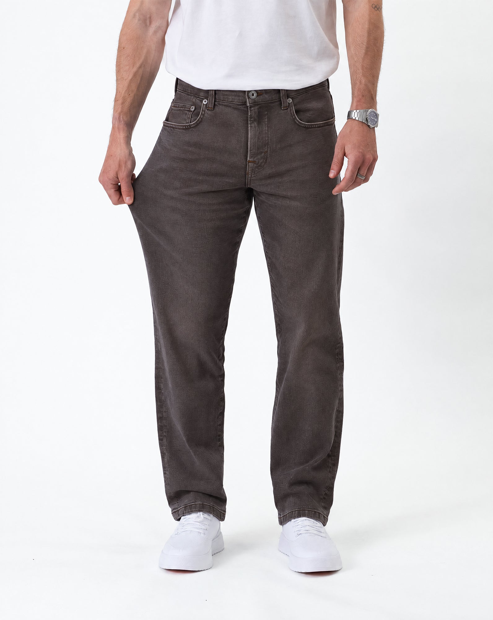 Motion 5 Pocket Classic Straight Pant in dark mole — demonstrating fabric stretch
