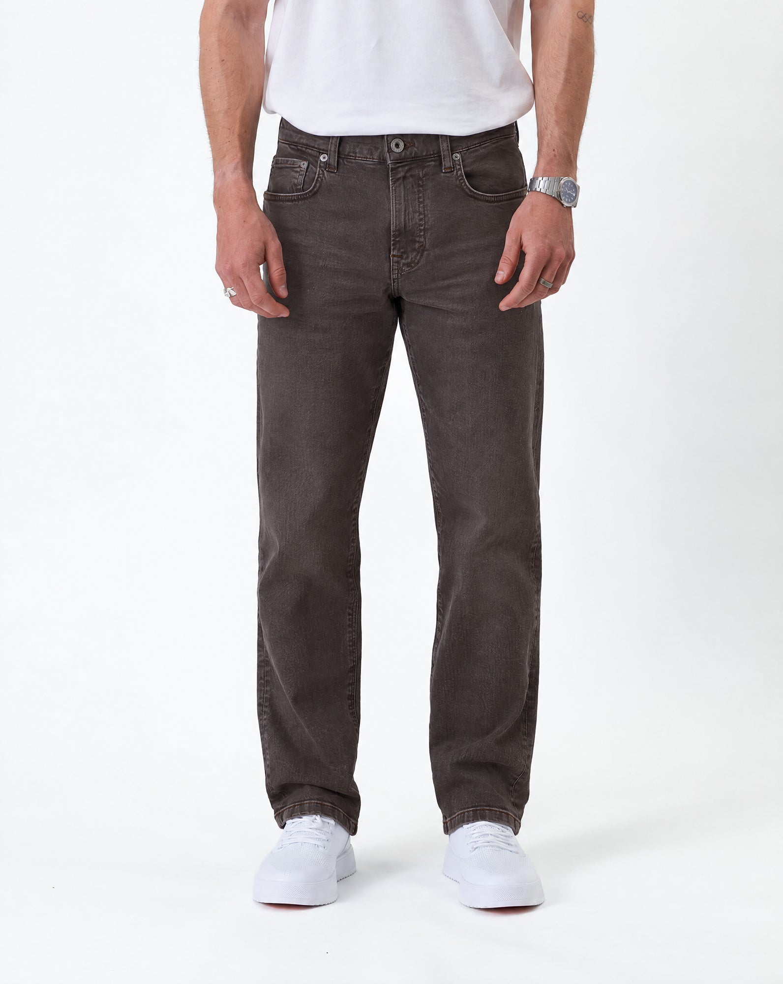 Motion 5 Pocket Classic Straight Pant in dark mole — front view worn with white sneakers