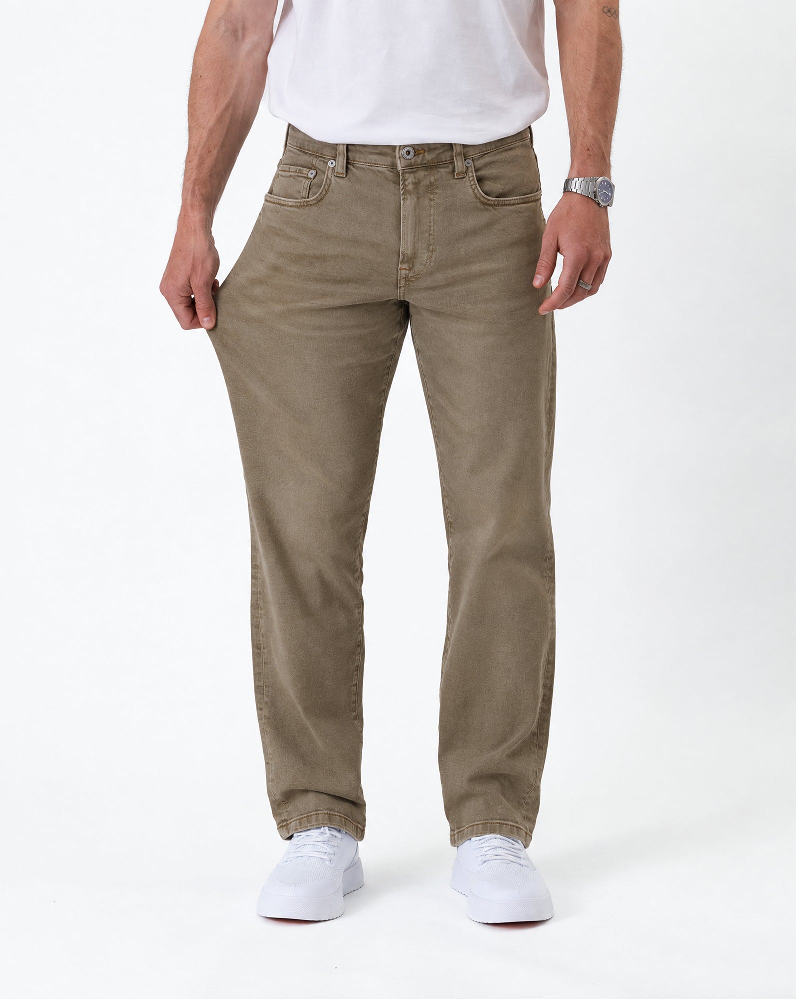 Motion 5 Pocket Classic Straight Pant in khaki beige — showing fabric stretch
