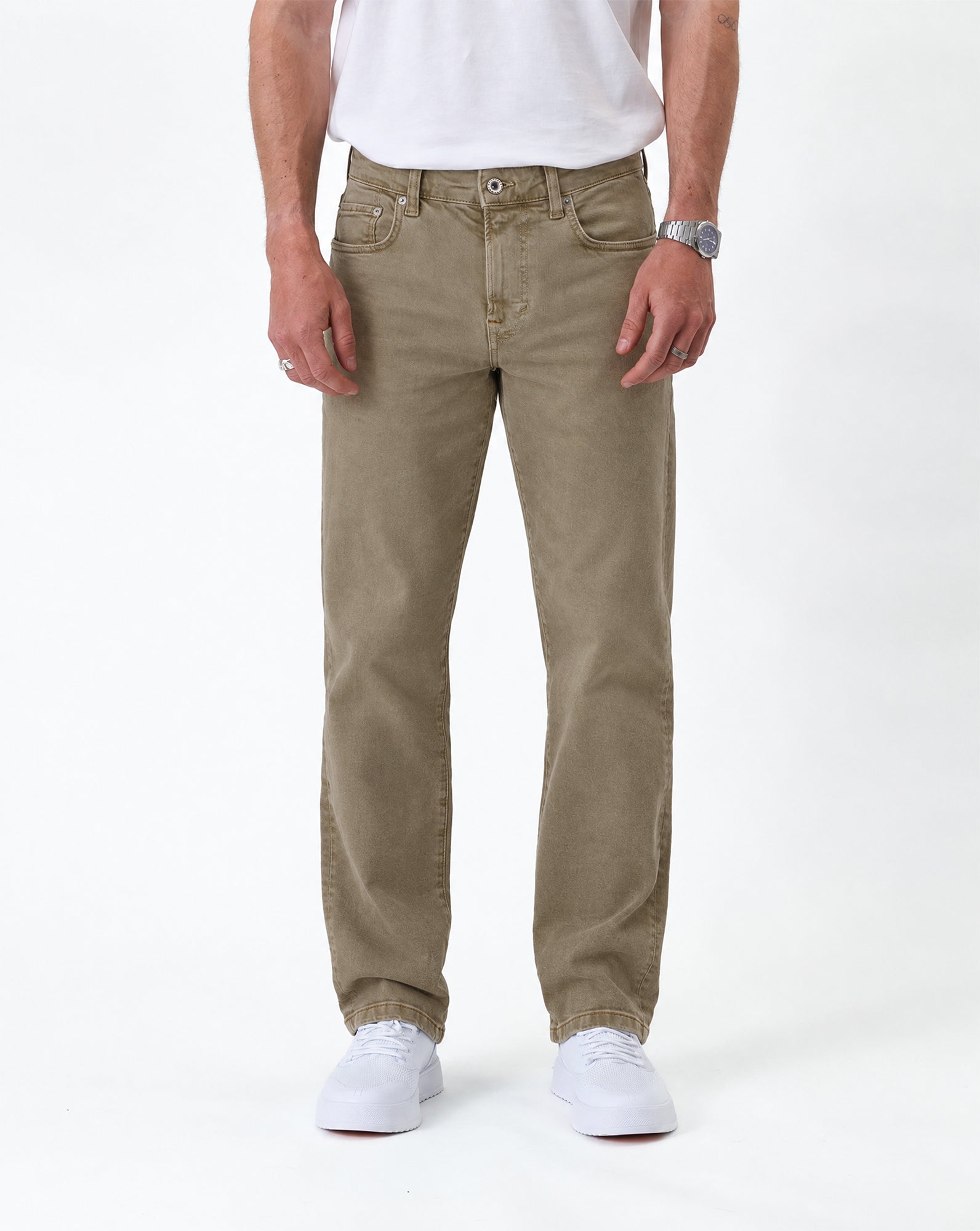Motion 5 Pocket Classic Straight Pant in khaki beige — front view worn with white sneakers