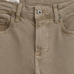 Motion 5 Pocket Classic Straight Pant in khaki — close-up of the button fly and pockets