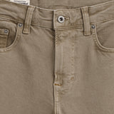 Motion 5 Pocket Classic Straight Pant in khaki — close-up of the button fly and pockets