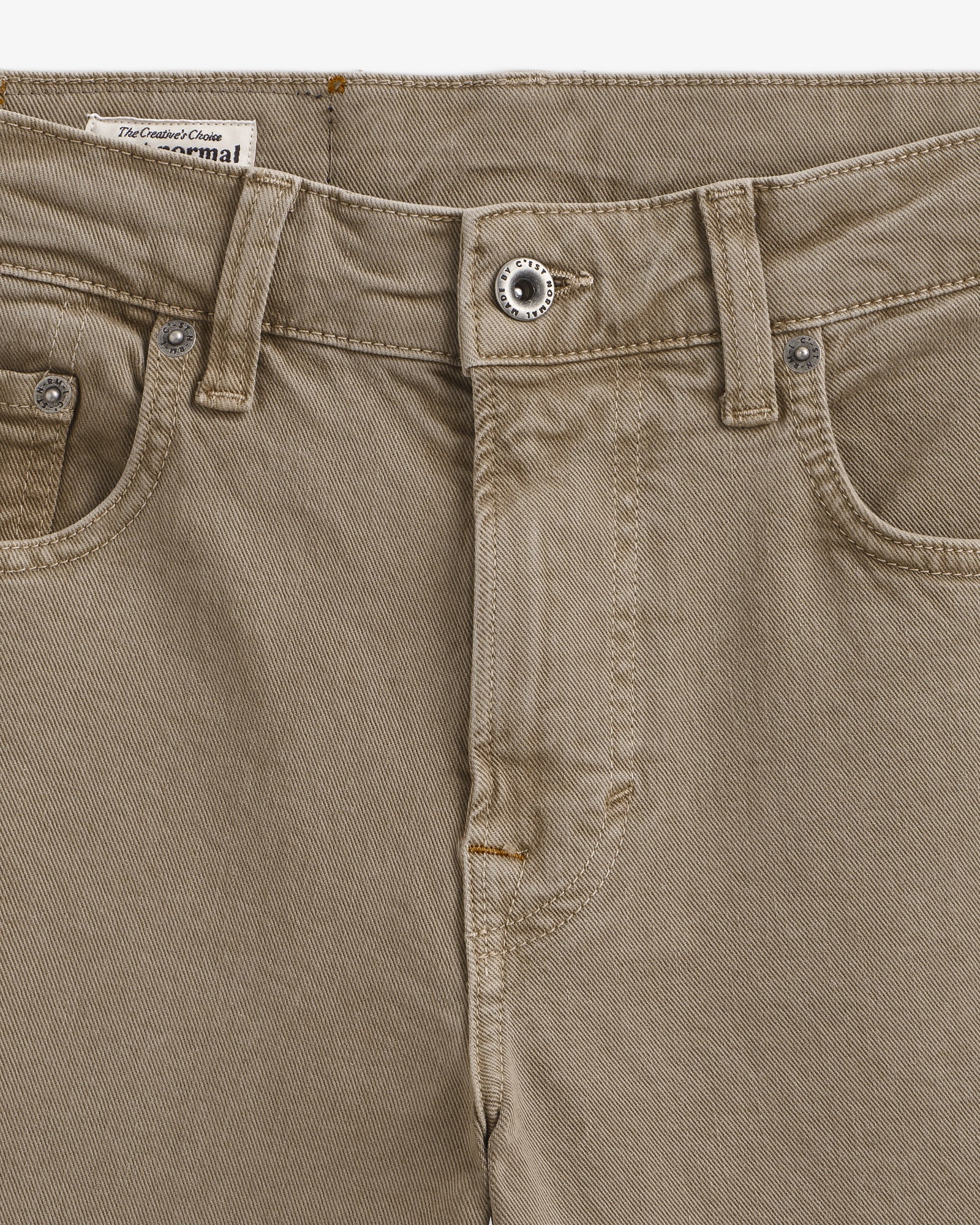Motion 5 Pocket Classic Straight Pant in khaki — close-up of the button fly and pockets