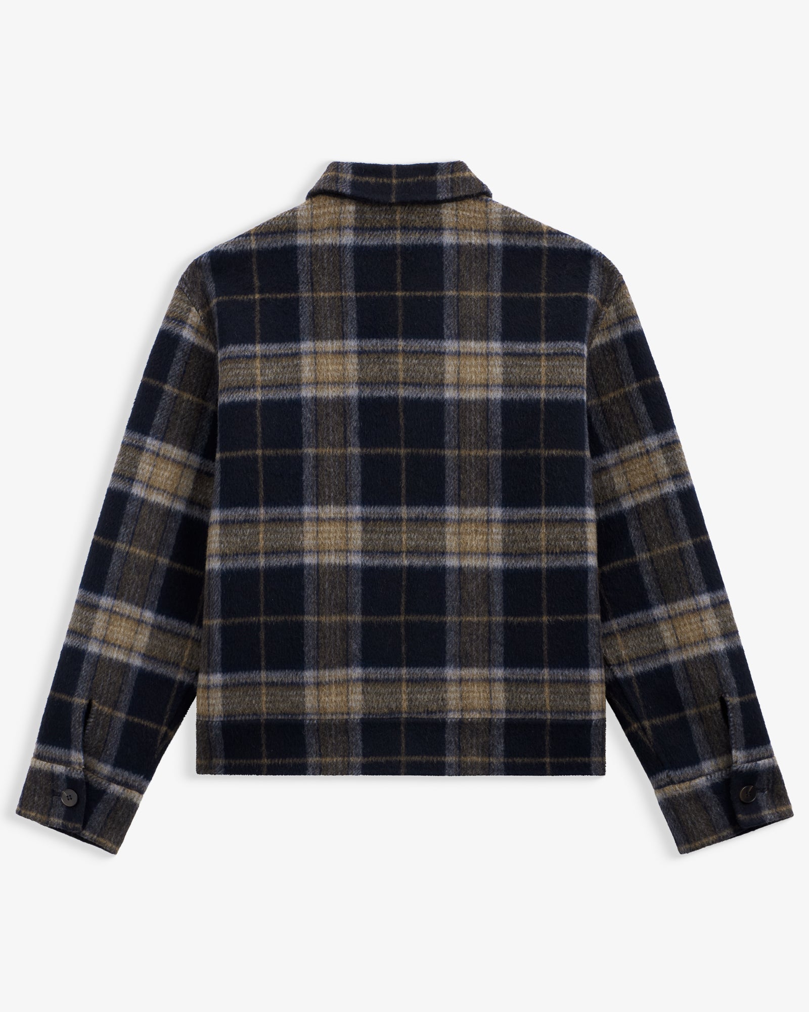 The Reversible Wool Jacket in plaid — back view showing the checked pattern