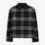 The Reversable Wool Jacket in black and brown — front view in a plaid pattern