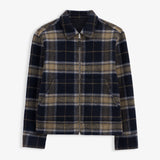 The Reversable Wool Jacket in black and brown — front view in a plaid pattern