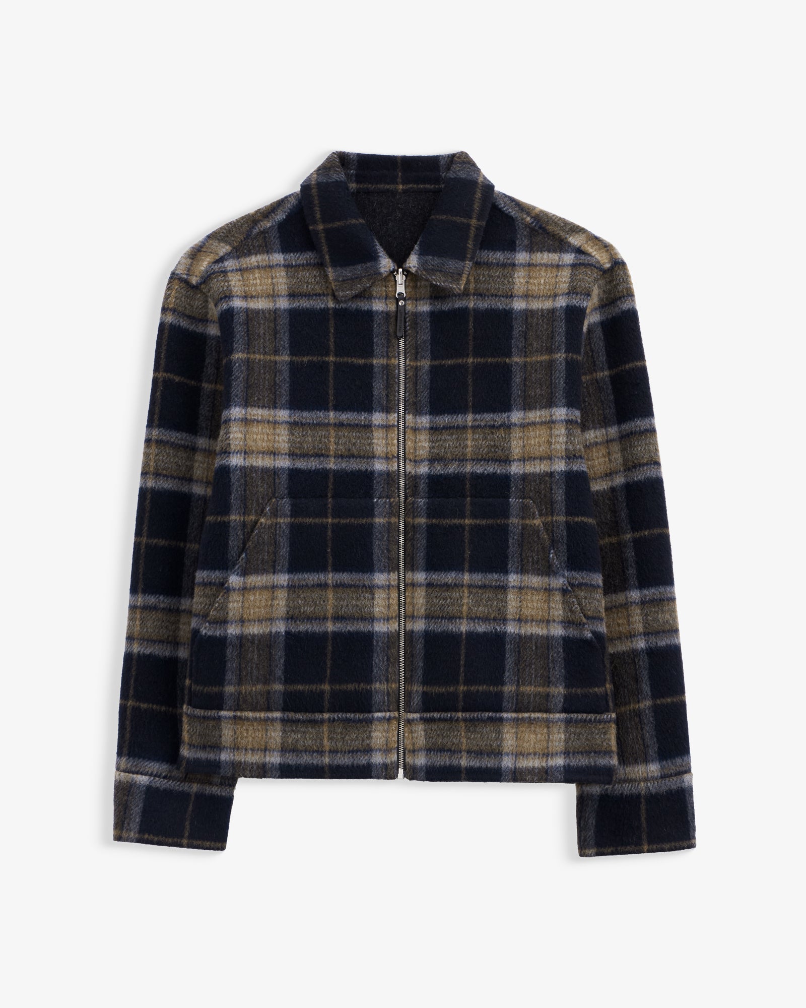 The Reversable Wool Jacket in black and brown — front view in a plaid pattern