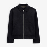 The Reversible Wool Jacket in dark grey — front view with a silver zipper