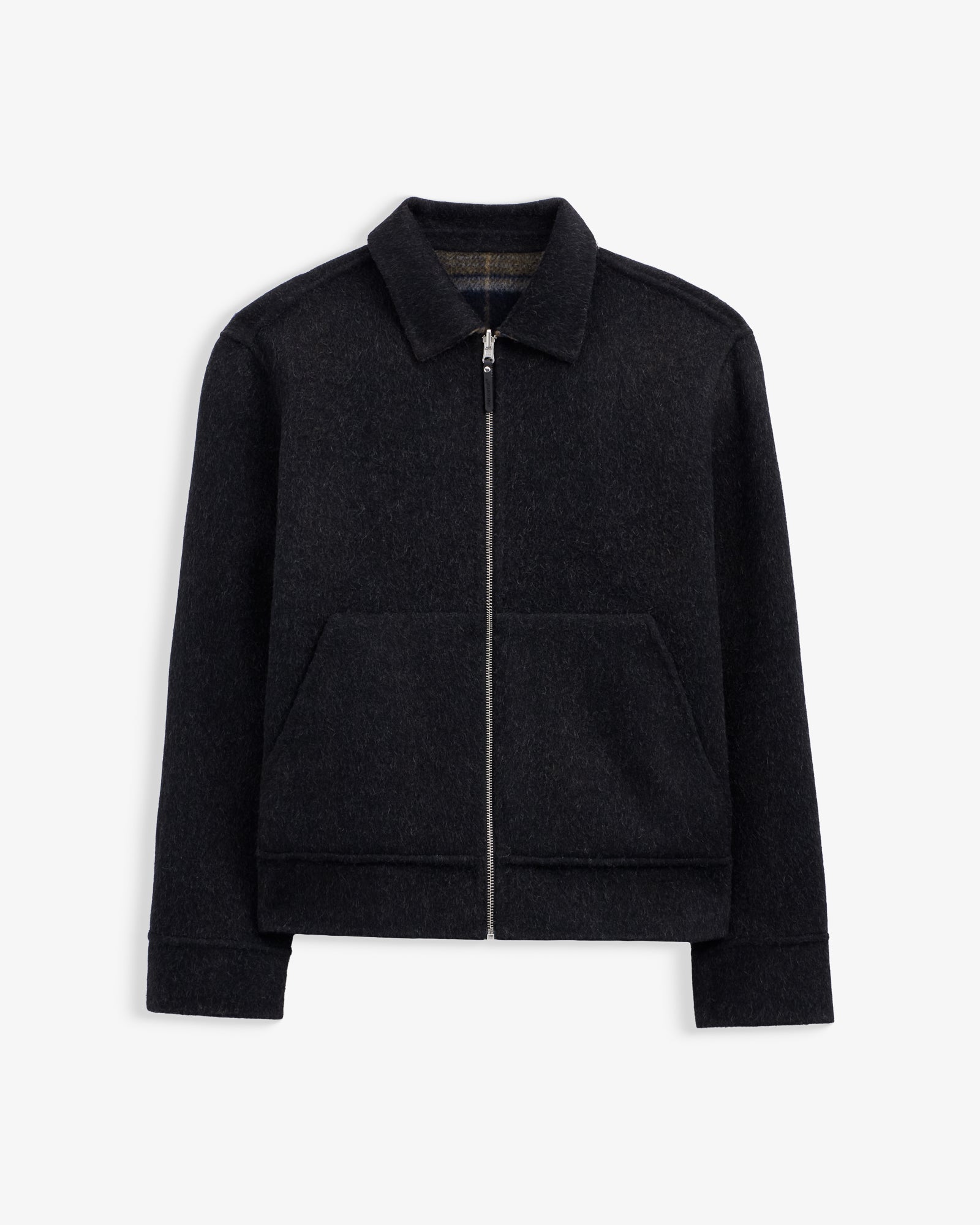The Reversible Wool Jacket in dark grey — front view with a silver zipper