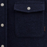 Stockholm Wool Shacket in blue — close-up of the chest pocket and button details