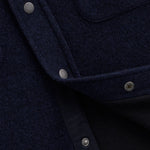 Stockholm Wool Shacket in blue — close-up of the metal snap buttons and wool texture