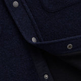 Stockholm Wool Shacket in blue — close-up of the metal snap buttons and wool texture
