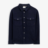 Stockholm Wool Shacket in blue — front view featuring chest pockets and snap buttons
