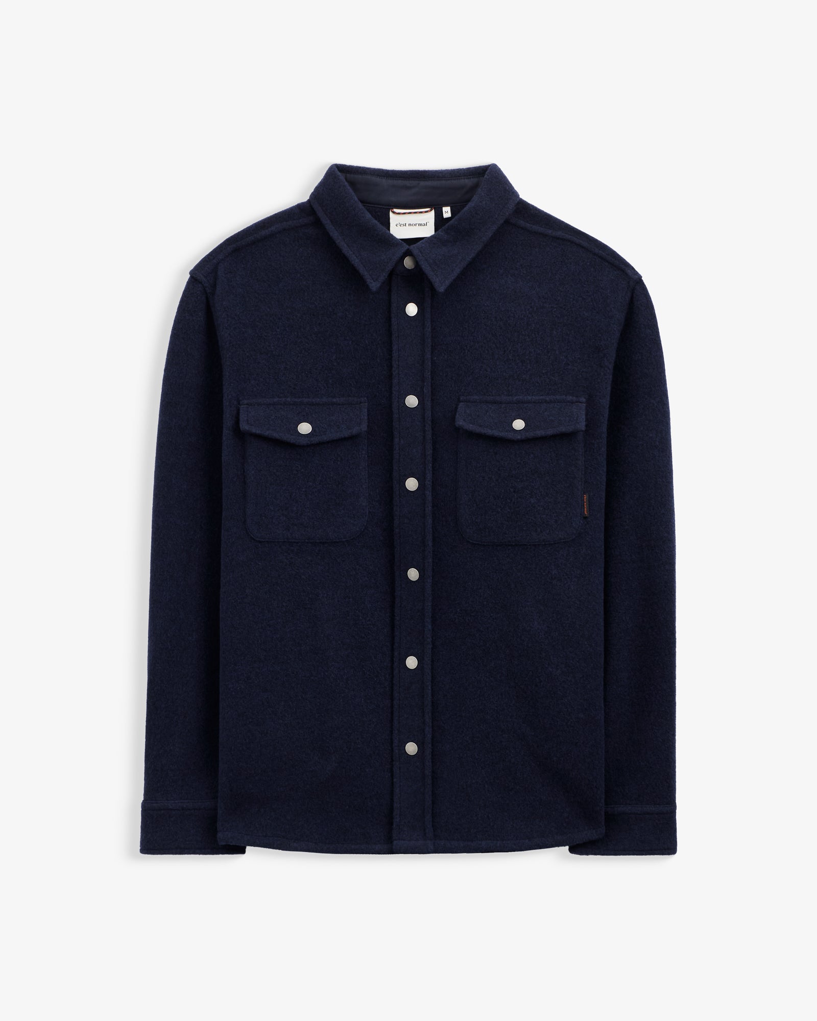 Stockholm Wool Shacket in blue — front view featuring chest pockets and snap buttons
