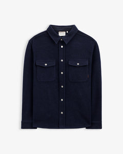 Stockholm Wool Shacket in blue — front view featuring chest pockets and snap buttons