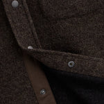 Stockholm Wool Shacket in brown melange — close-up of the snap buttons and wool texture