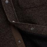 Stockholm Wool Shacket in brown melange — close-up of the snap buttons and wool texture