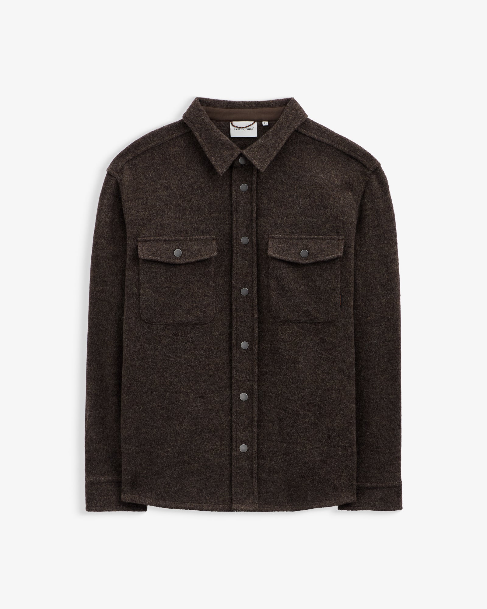 Stockholm Wool Shacket in brown melange — front view with dual chest pockets