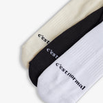 The Sock in black, white and ecru — C'est normal logo branding on the toes