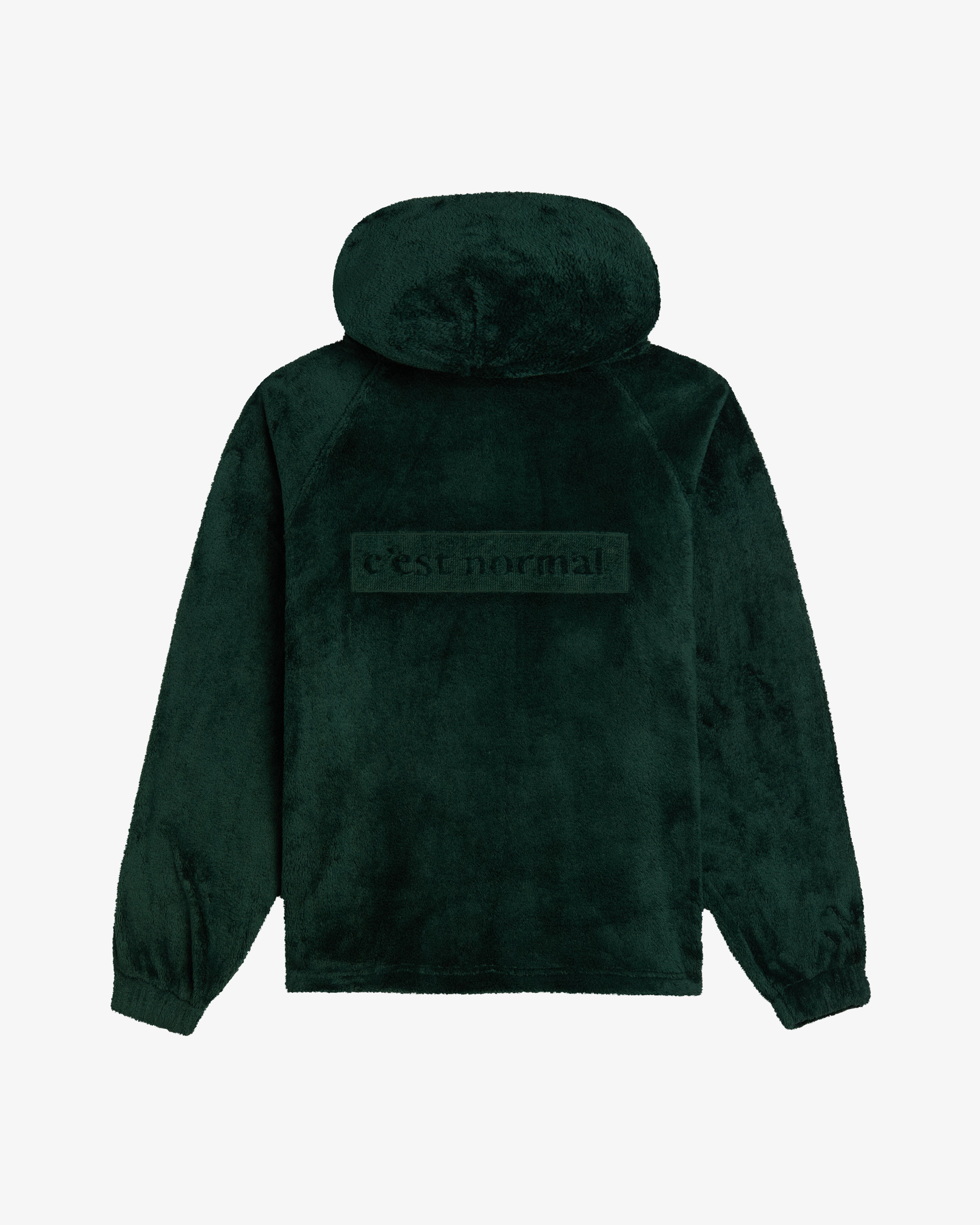 The Oversized Teddy Hoodie in pine — back view showing the embossed C'est normal logo