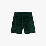 The Teddy Shorts in pine — front view showing the soft teddy texture and drawstring waist
