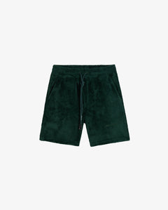 The Teddy Shorts in pine — front view showing the soft teddy texture and drawstring waist