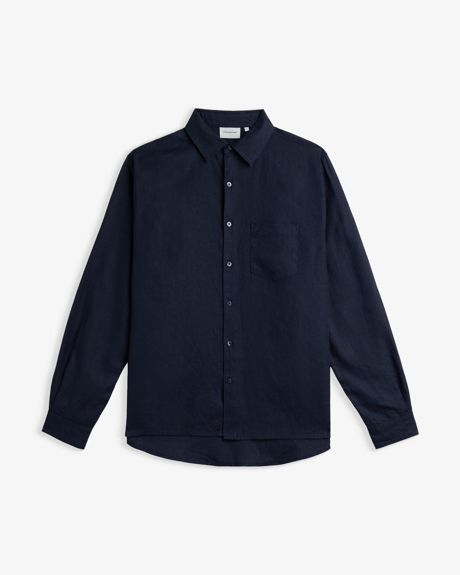 The Daily Linen Shirt in navy — front view against a white background
