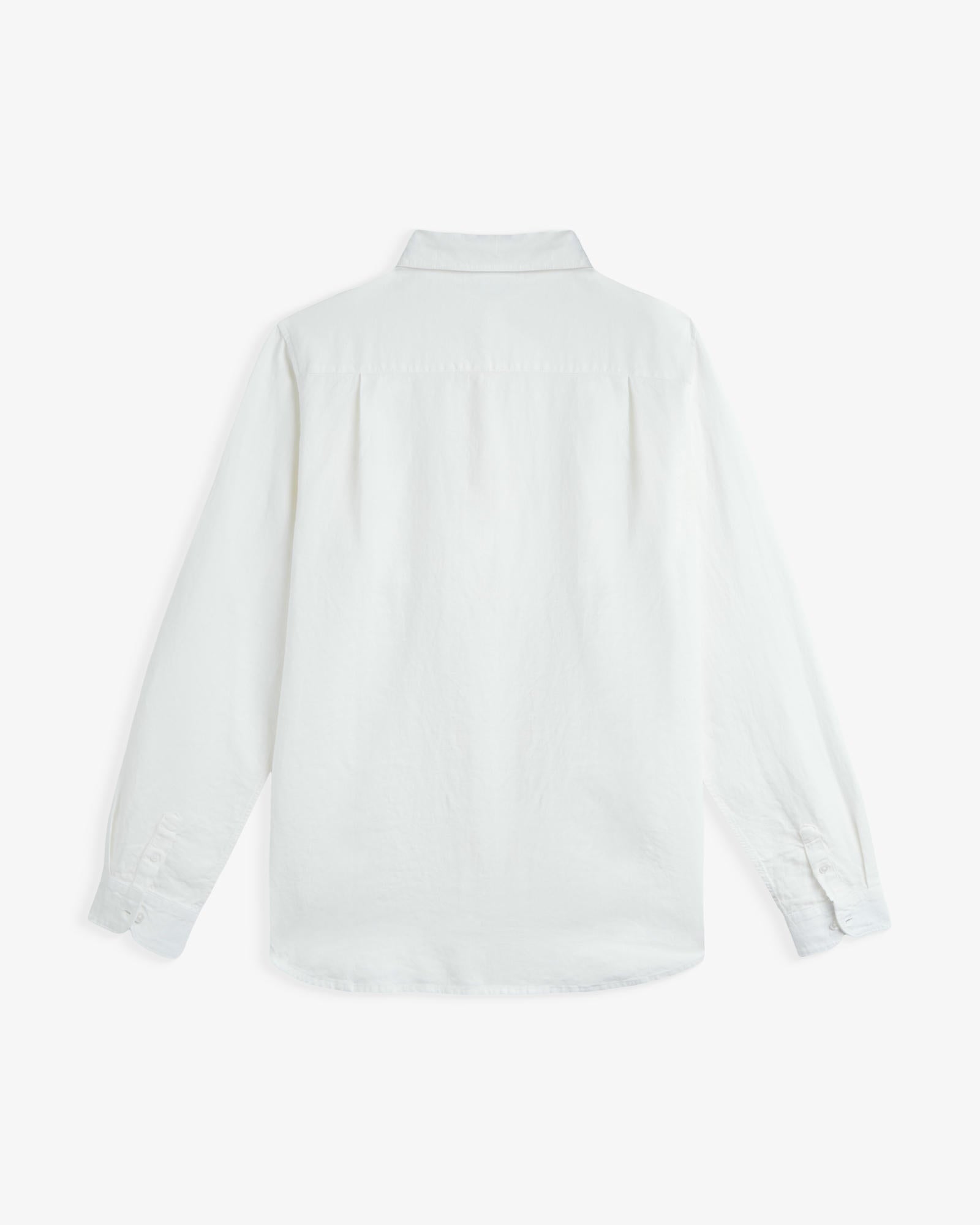 The Daily Linen Shirt in off-white — back view showing the yoke and pleats