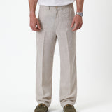 The Daily Linen Trouser in natural — front view showing the straight leg and pressed crease
