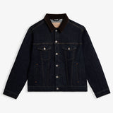 The Denim Jacket in rinse blue — featuring a contrasting brown corduroy collar