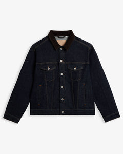 The Denim Jacket in rinse blue — featuring a contrasting brown corduroy collar